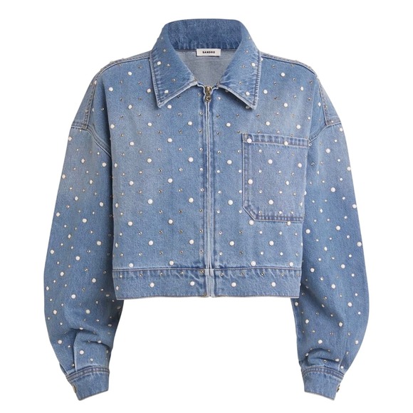 Sandro Jackets & Blazers - NWT Sandro Embellished Denim Jacket Pearl Crystal Studded Blue Cropped Sz 4